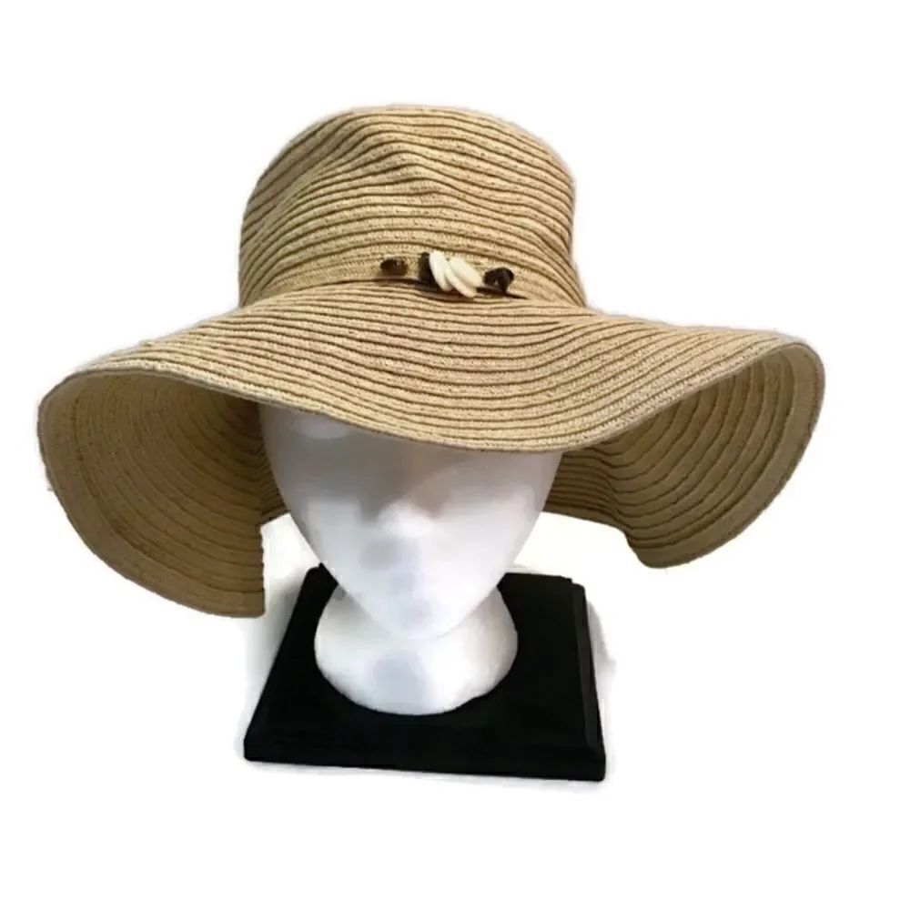 New! Tan Floppy Straw Hat With Shell Disc Design